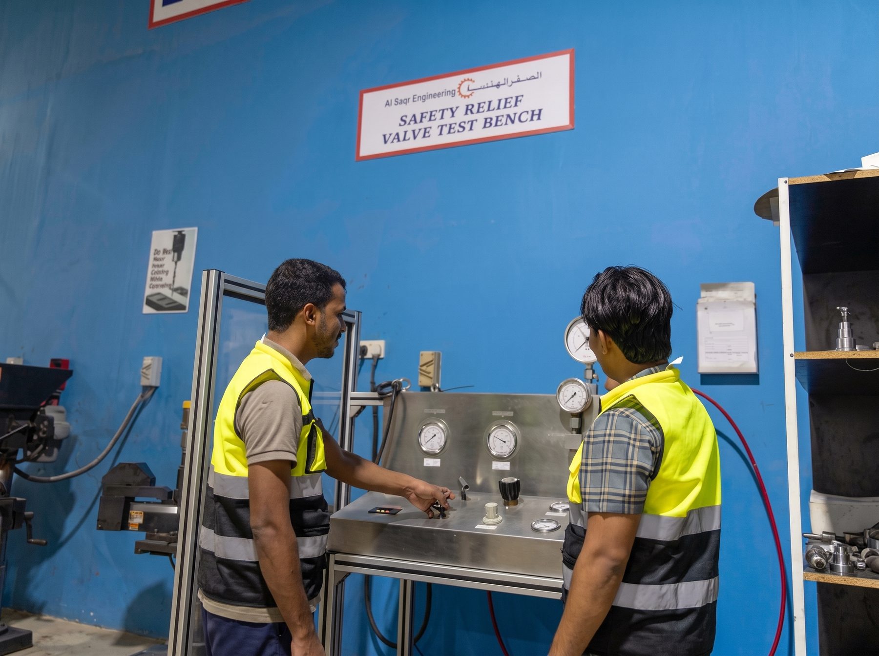 Al Saqr Engineering technicians working at a safety relief valve test bench