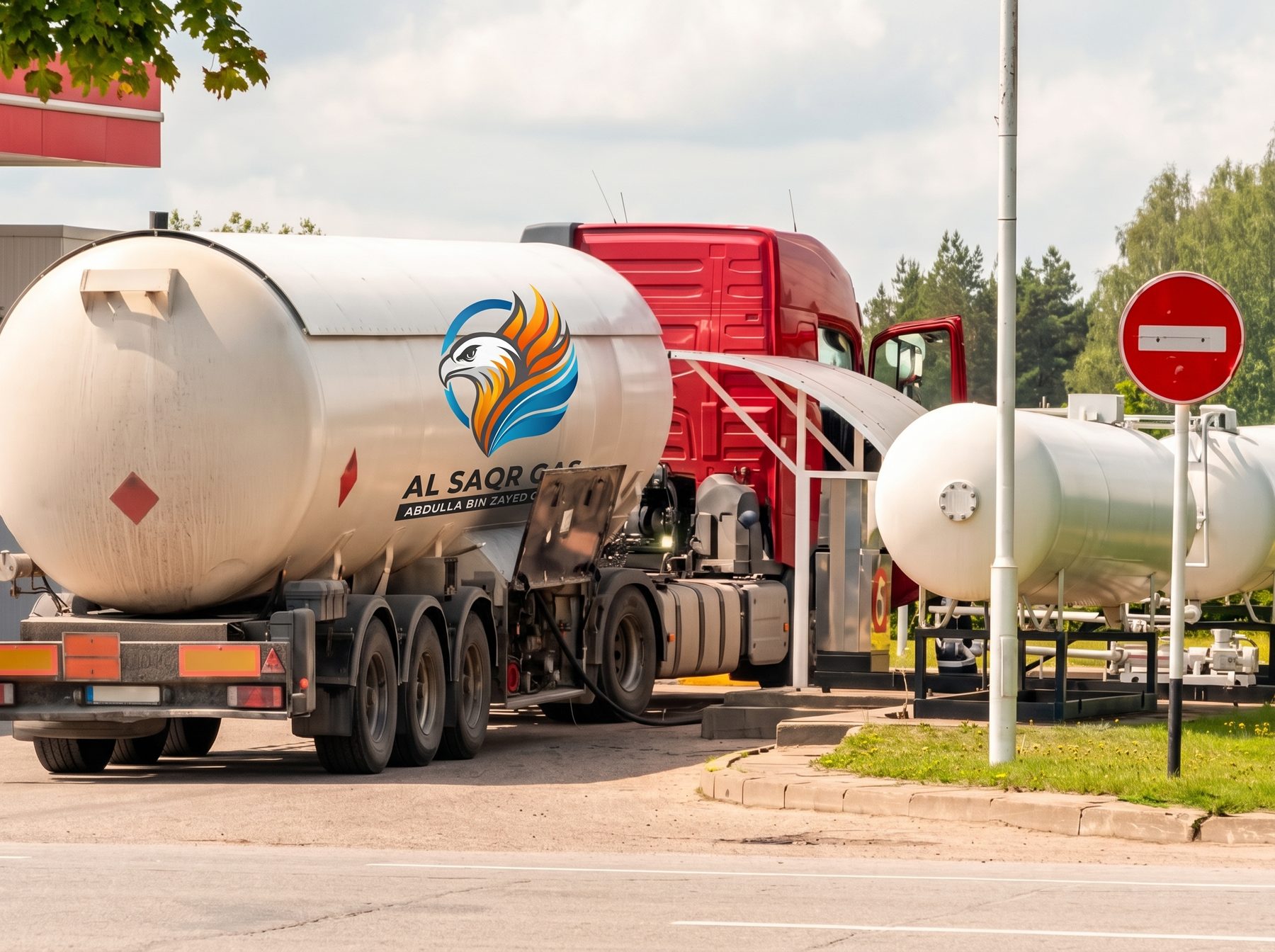 An Al Saqr Gas LPG tanker at a bulk storage and filling facility