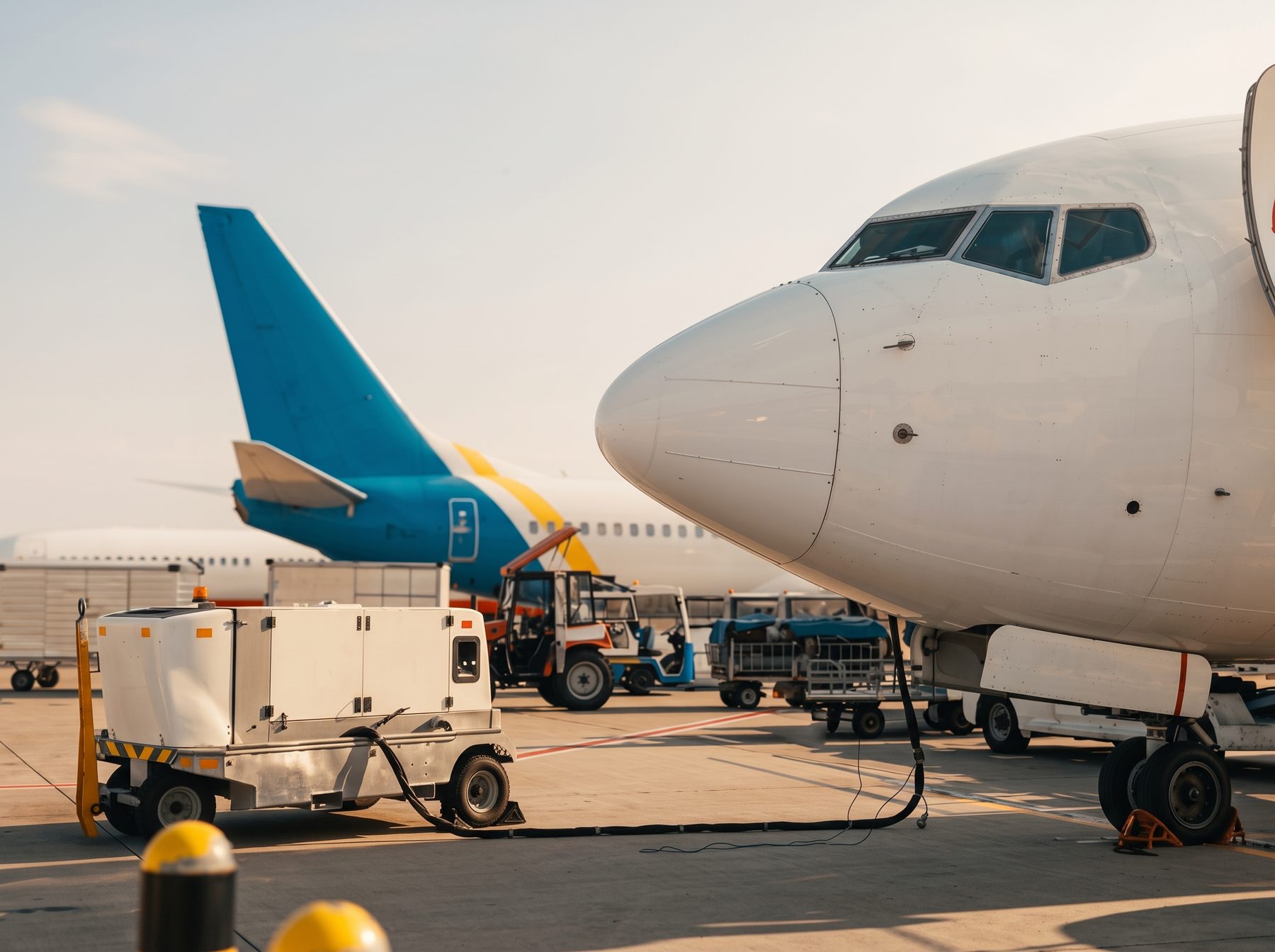 An aircraft on the apron with ground support equipment, refuelled by Aviation Solutions